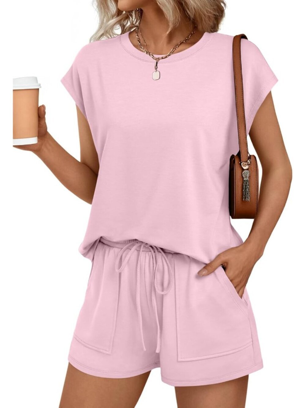 Womens Crew Neck Two Piece Short Sets Cap Sleeve Drawstring Summer Sweatsuit wit